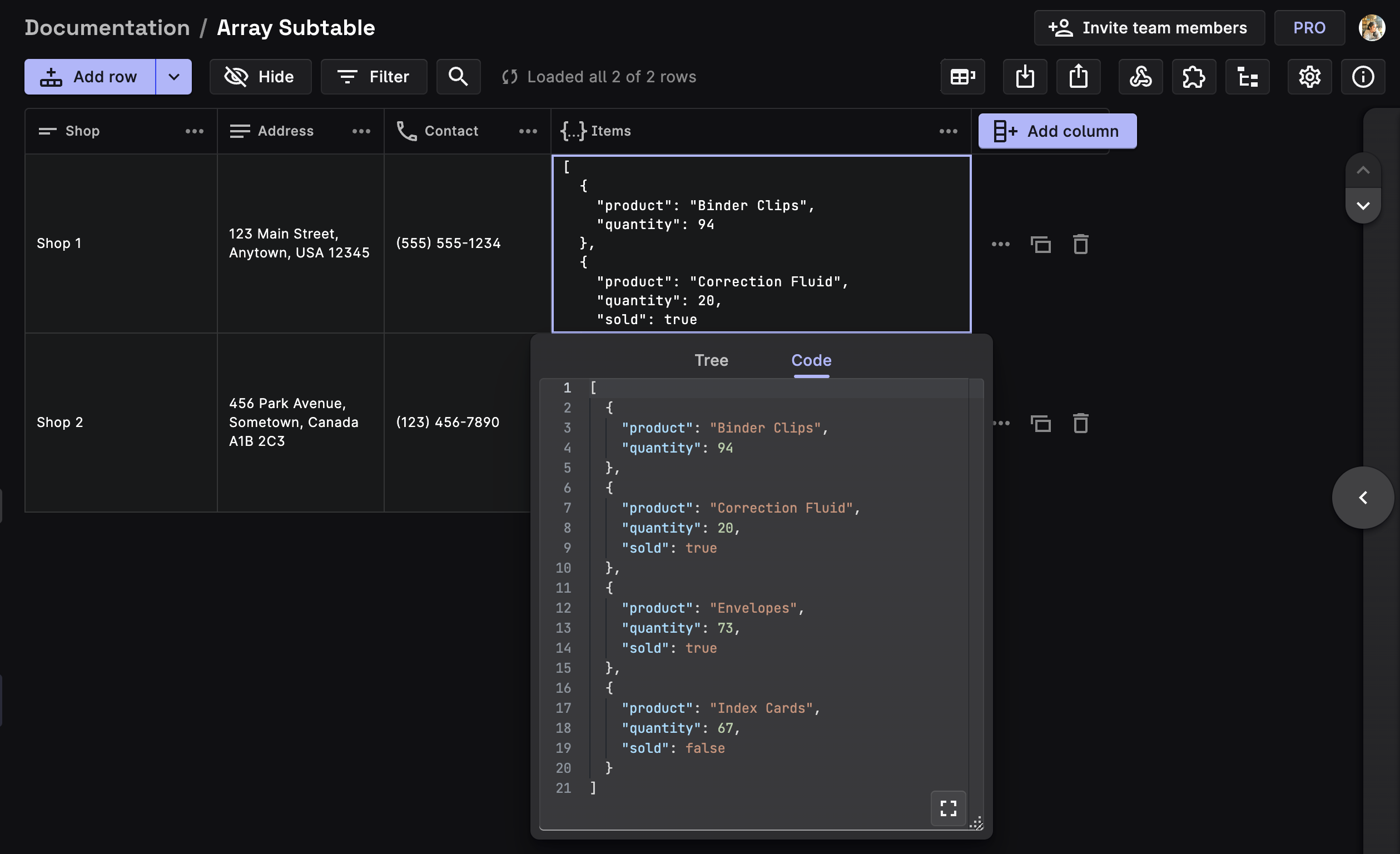 Array Sub-table