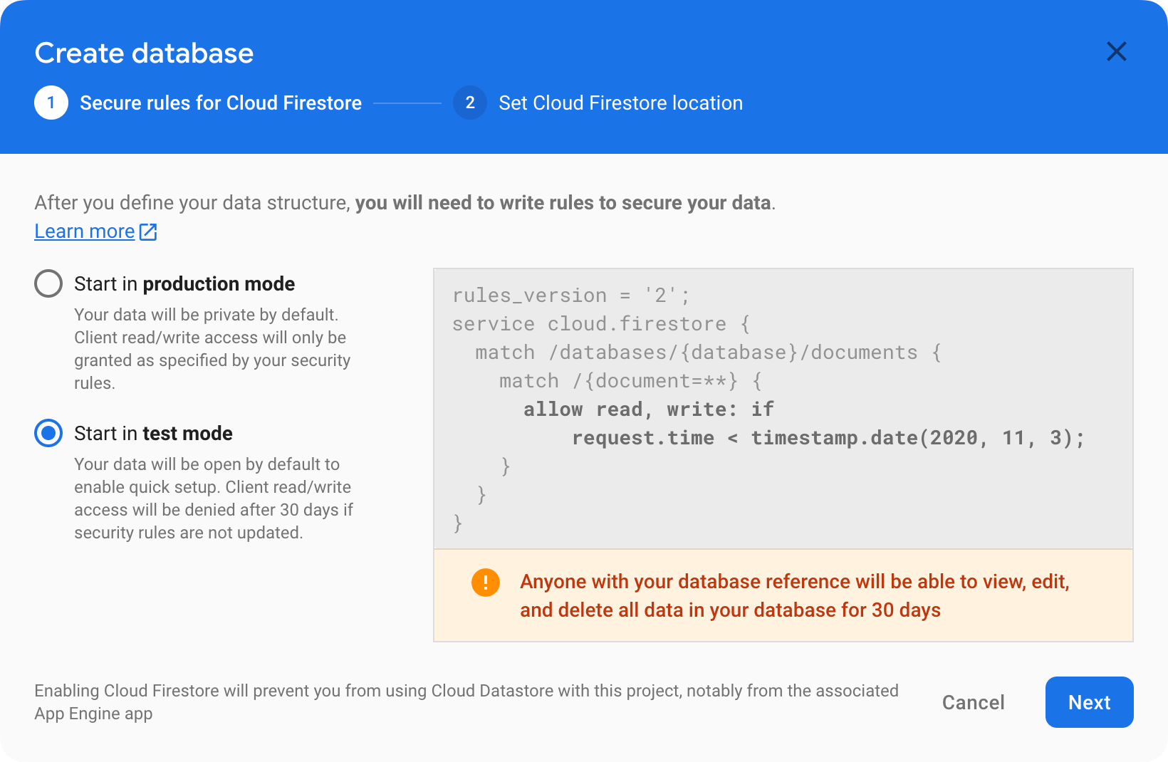 Screenshot of Firestore database creation UI