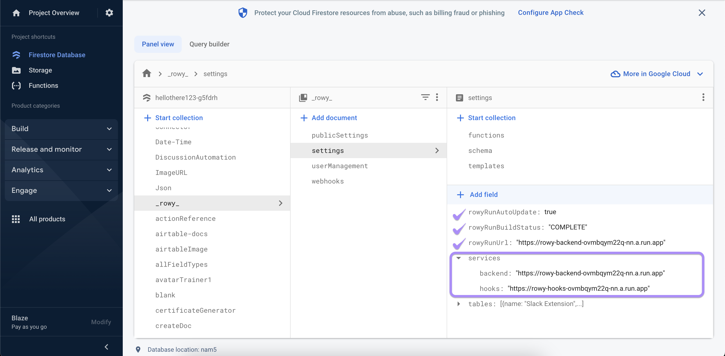 Rowy Firestore settings to delete