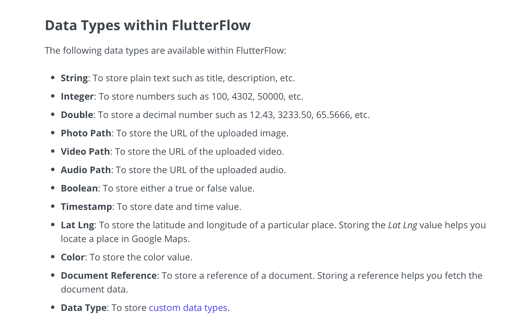 FlutterFlow datatypes