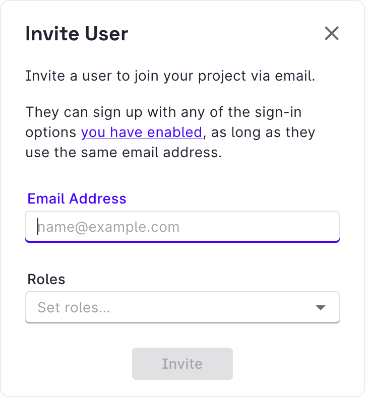 Screenshot of invite
user modal