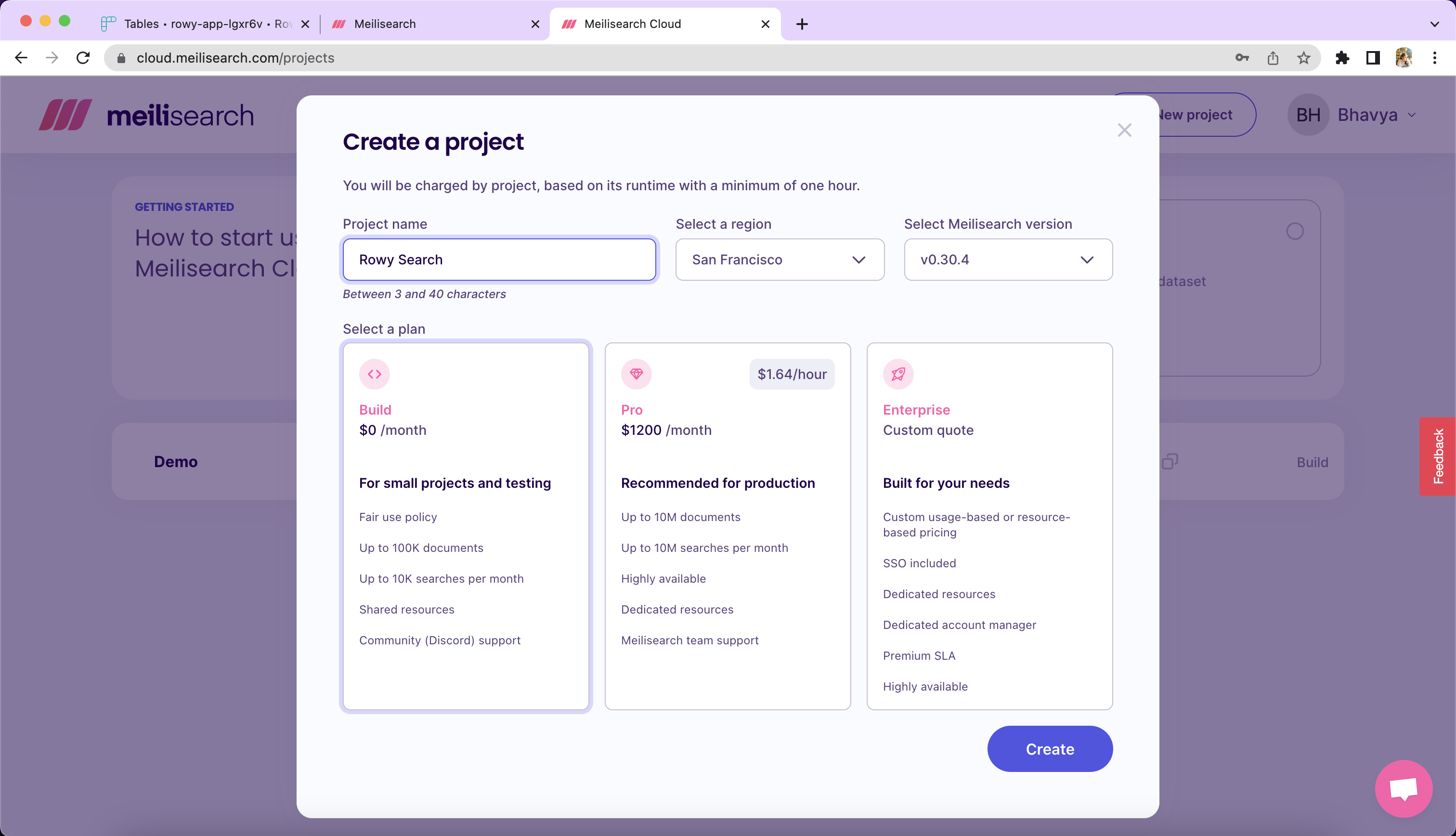 A screenshot showing the create project page.