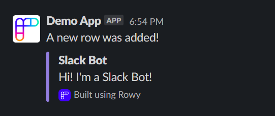 Screenshot of the Bot created using Rowy Slack Extension.