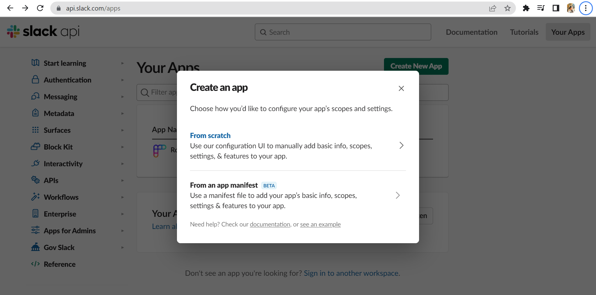 The Create an App screen on the Slack API website.