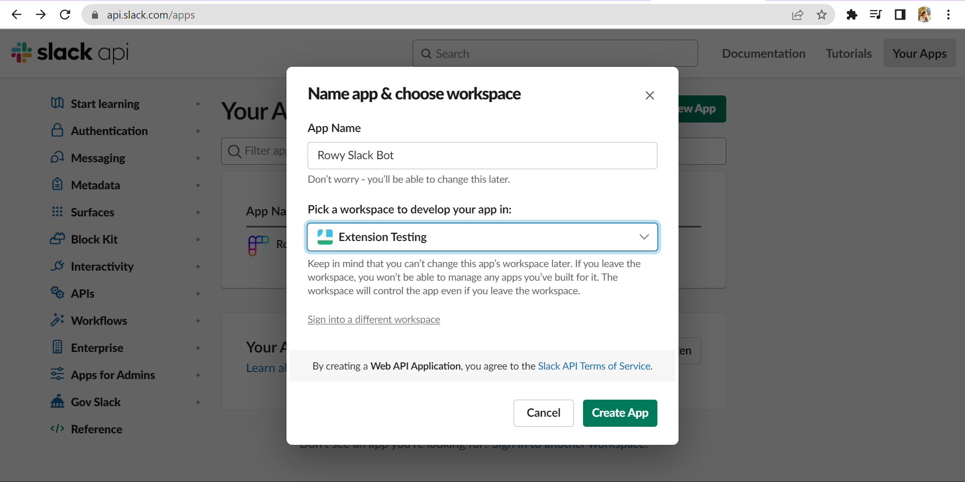 The App Name and Choose Workspace page on the Slack API website.