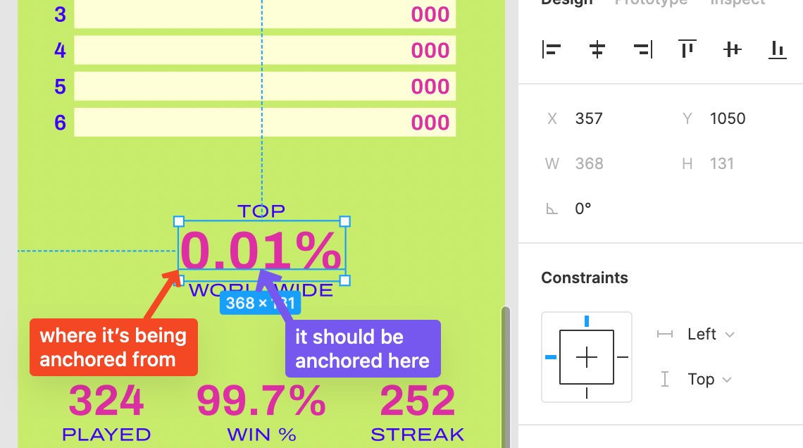Annotated screenshot showing correct alignment of text and associated coordinates